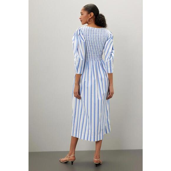 GANNI Blue Striped Cotton Smock Midi Dress Size 36 with Stains - Picture 2 of 12
